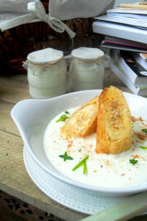 Recetas caseras : Pl�tano envuelto en filloas con crema de yoghourt y coco 